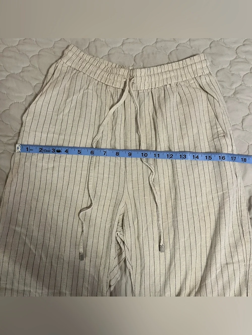 Zara Cream / Off White & Blue Vertical Striped Linen Blend Straight Leg Pants